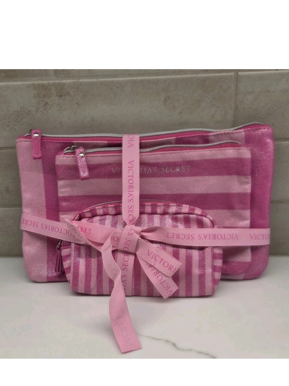 Victorias Secret Pink Striped Metallic Makeup Zipper Bags 3 Sizes New